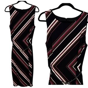 WHBM Dress‎ Black & Purple Striped Sleeveless Belted Sheath in Size 12  EUC